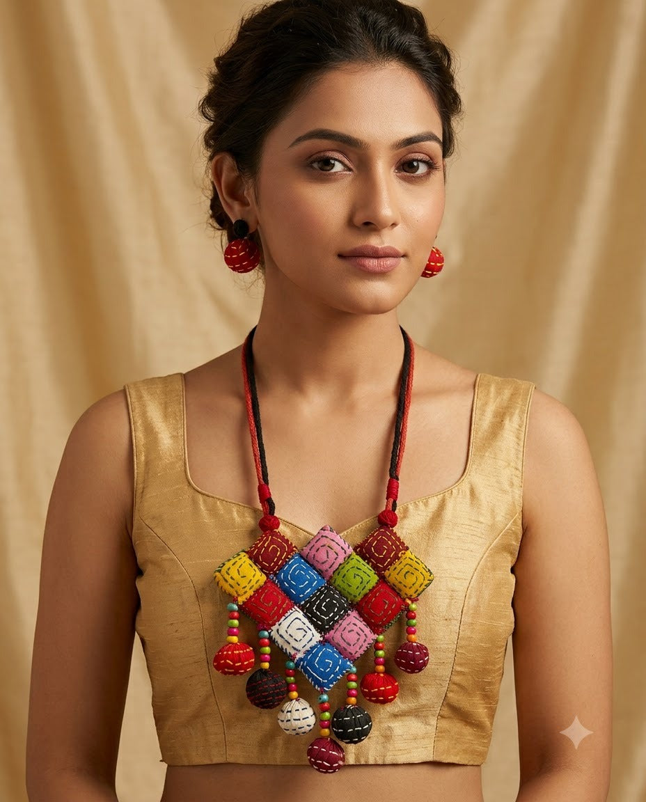 Handcrafted Colorful Fabric Patchwork Geometric Statement Necklace Set