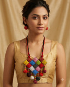 Handcrafted Colorful Fabric Patchwork Geometric Statement Necklace Set