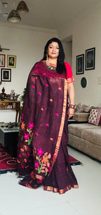 Handwoven Pure Linen Saree (Dark Brown)