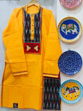 Handcrafted Sunshine Yellow Cotton Men's Kurta with Double Ikat Yoke