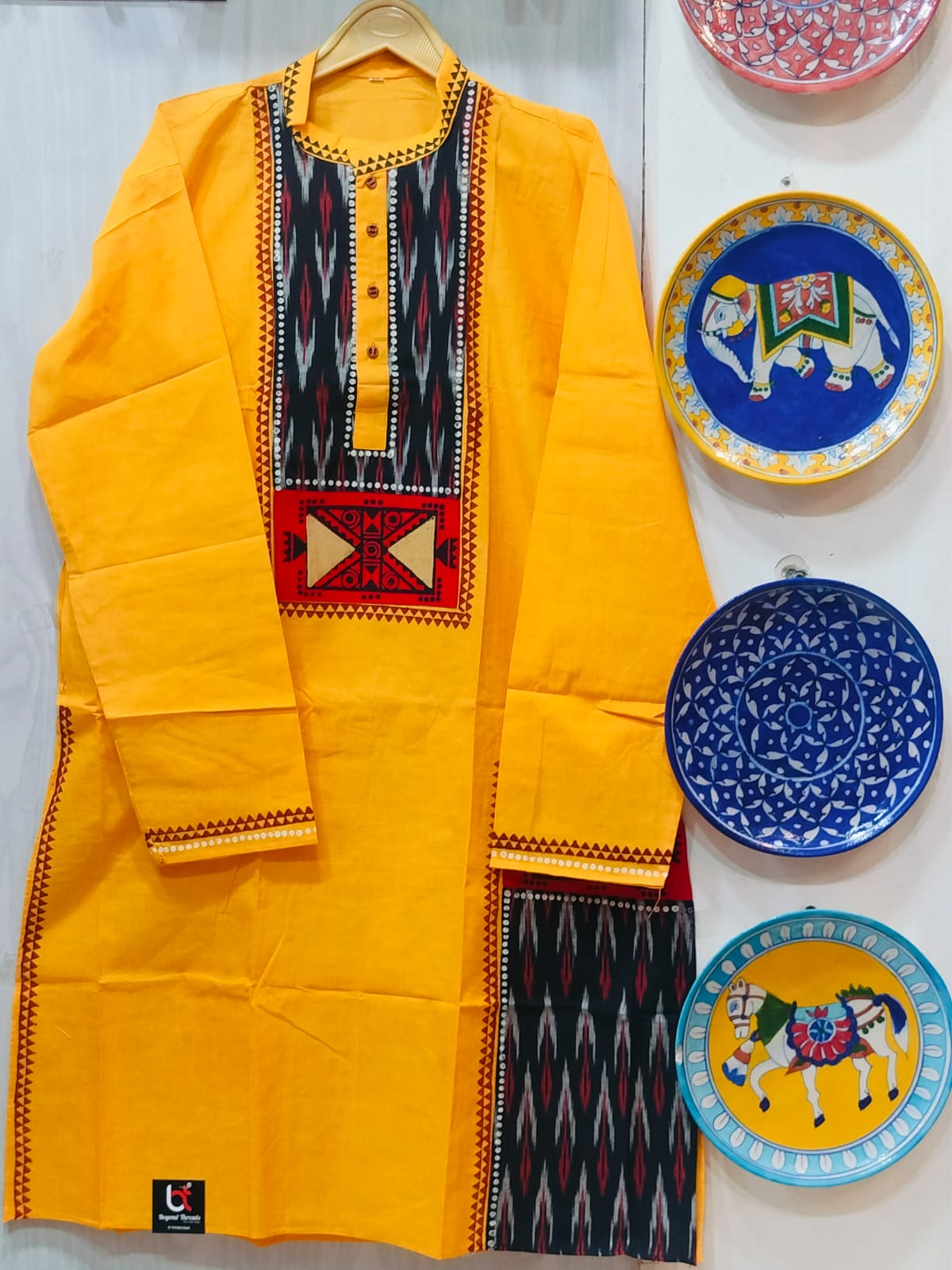 Handcrafted Sunshine Yellow Cotton Men's Kurta with Double Ikat Yoke