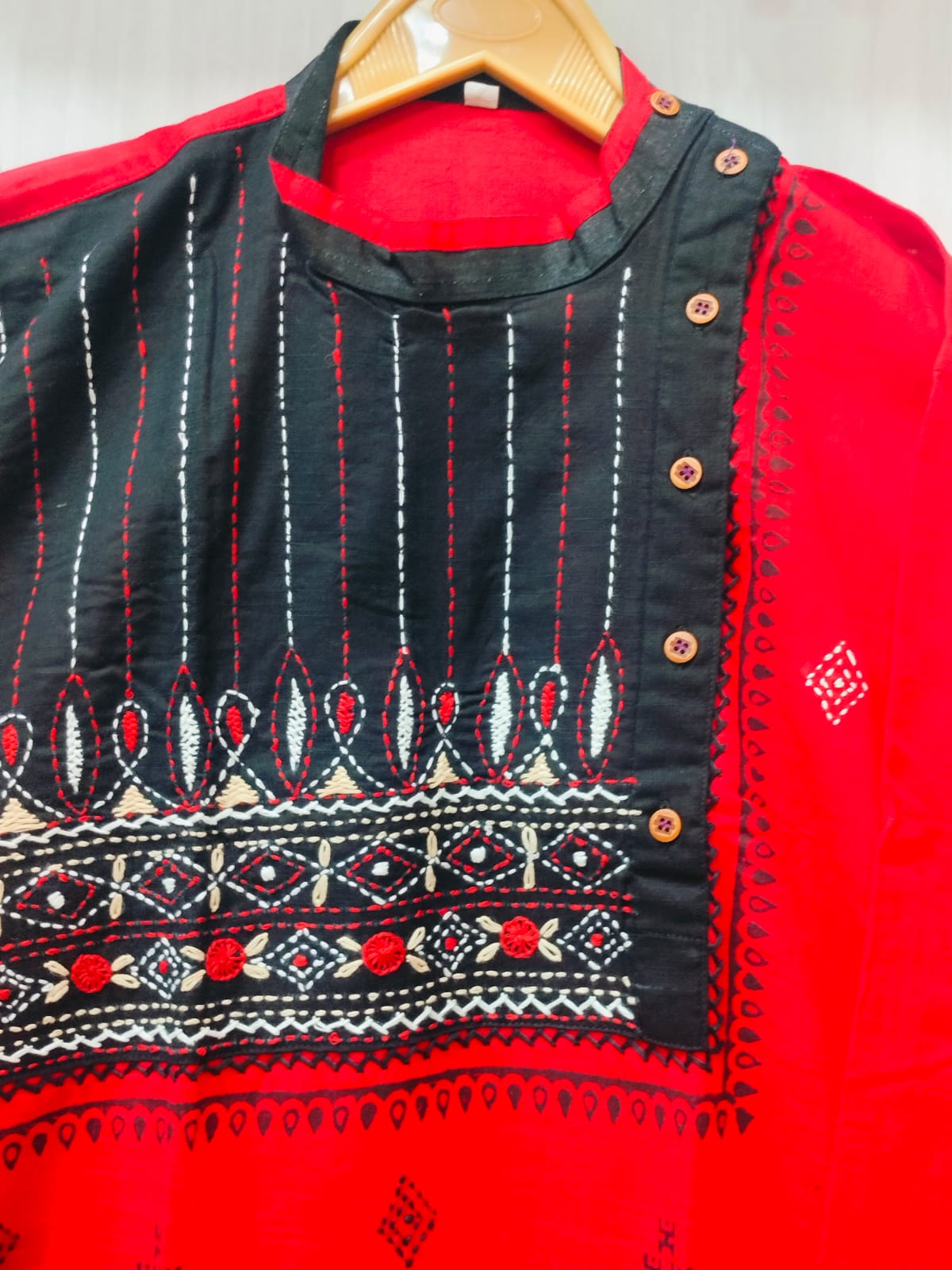Handcrafted Crimson Red Cotton Men's Kurta with Kantha Embroidered Yoke