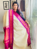 Handcrafted White Gadwal Cotton Saree with Magenta Zari Border