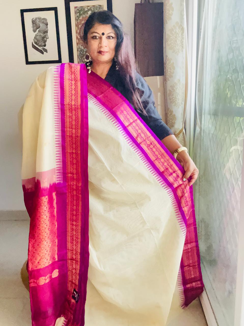 Handcrafted White Gadwal Cotton Saree with Magenta Zari Border