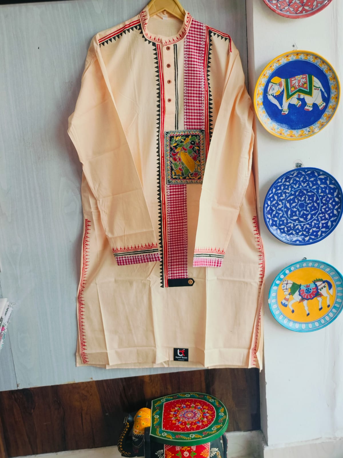 Handcrafted Light Apricot Cotton Men's Kurta with Madhubani Peacock Yoke