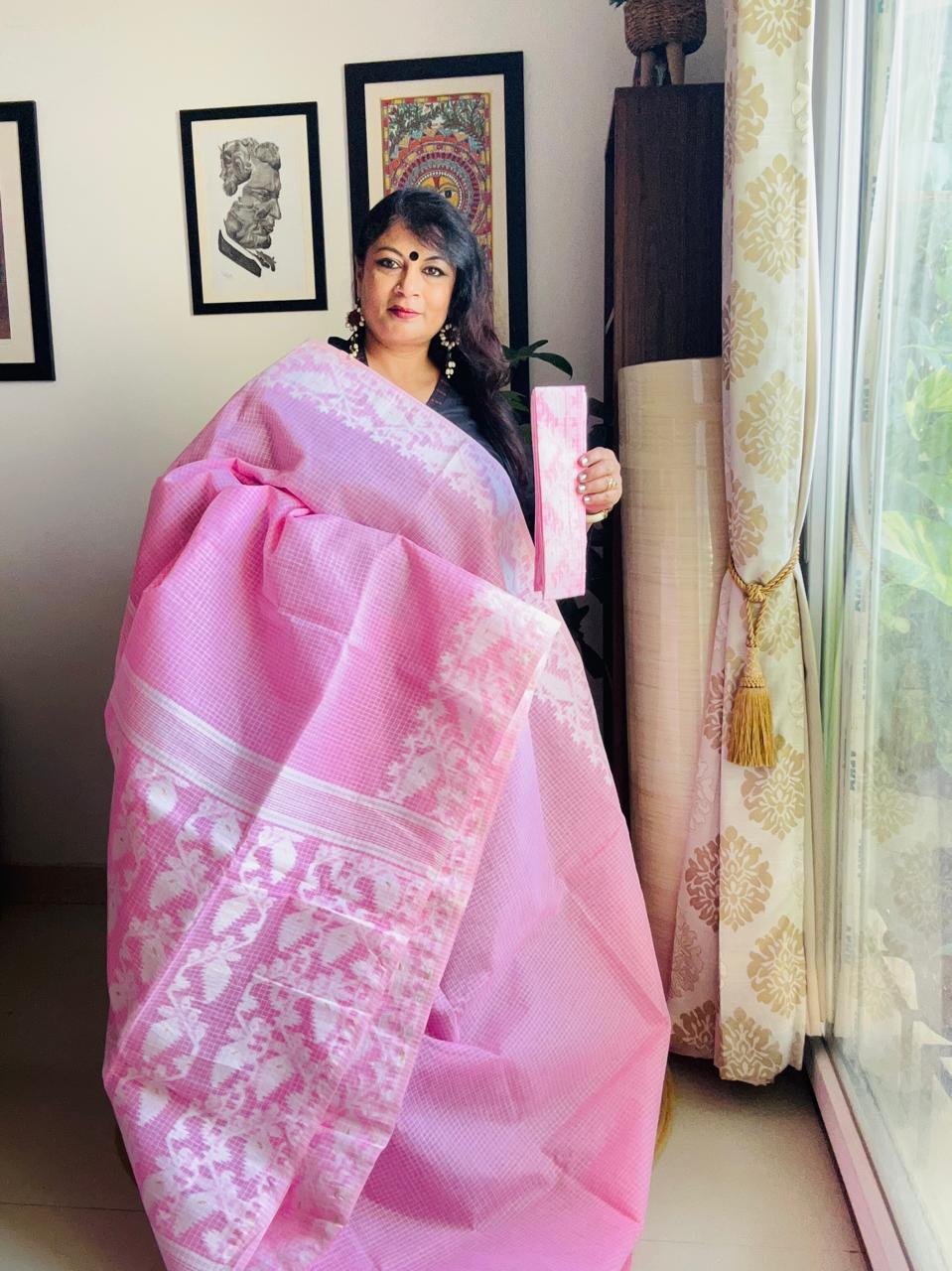 Handcrafted Candy Pink Cotton Jamdani Saree