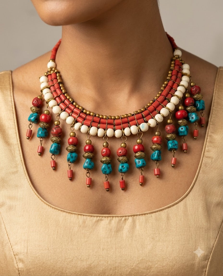 Handcrafted The Indie Heritage Beaded Choker - Coral Red & Turquoise
