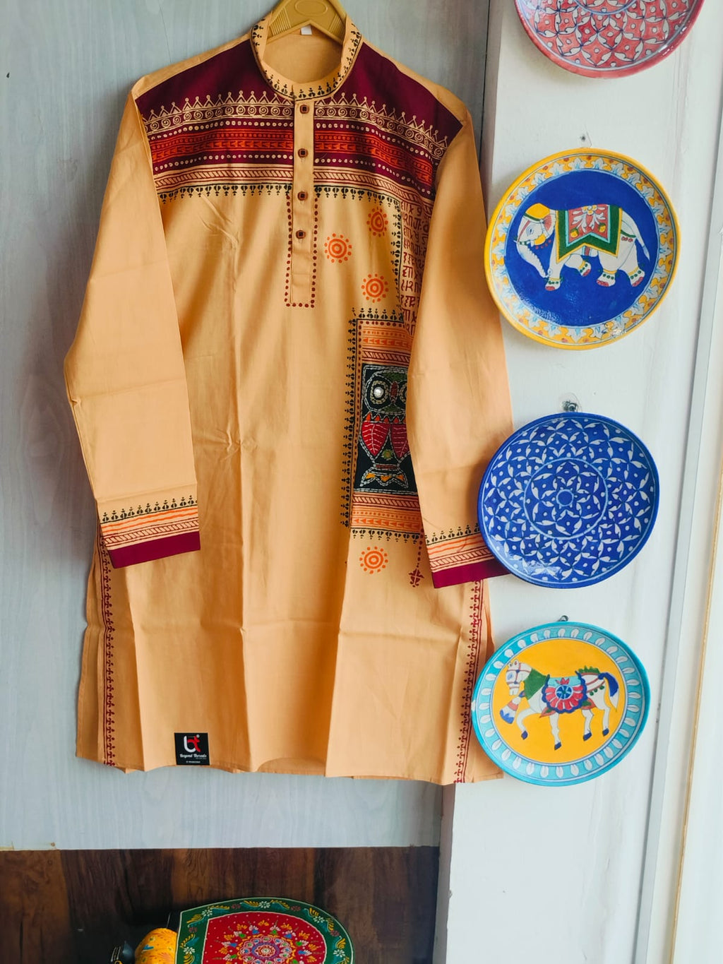 Handcrafted Cream Peach Cotton Men's Kurta with Folk Art Applique Yoke