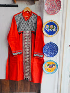 Handcrafted Rust Red Cotton Men's Kurta with Ikat & Fish Print Yoke