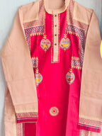 Handcrafted Crimson & Beige Cotton Men's Kurta with Kantha Applique Yoke