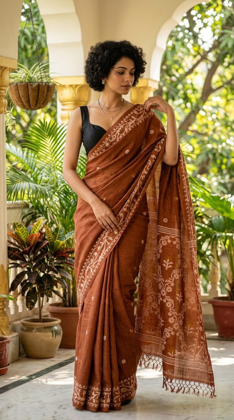 Handwoven Tussar Jamdani (Copper)