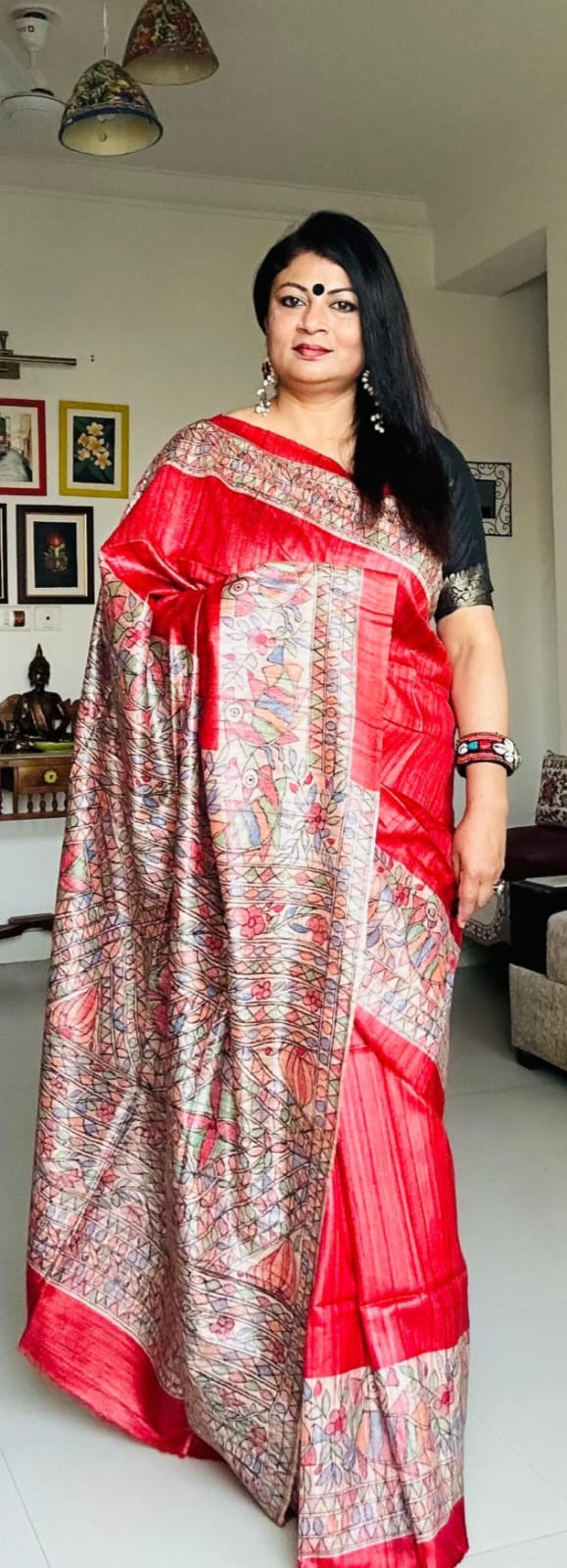 Handpainted Madhubani Tussar Gicha(Red)
