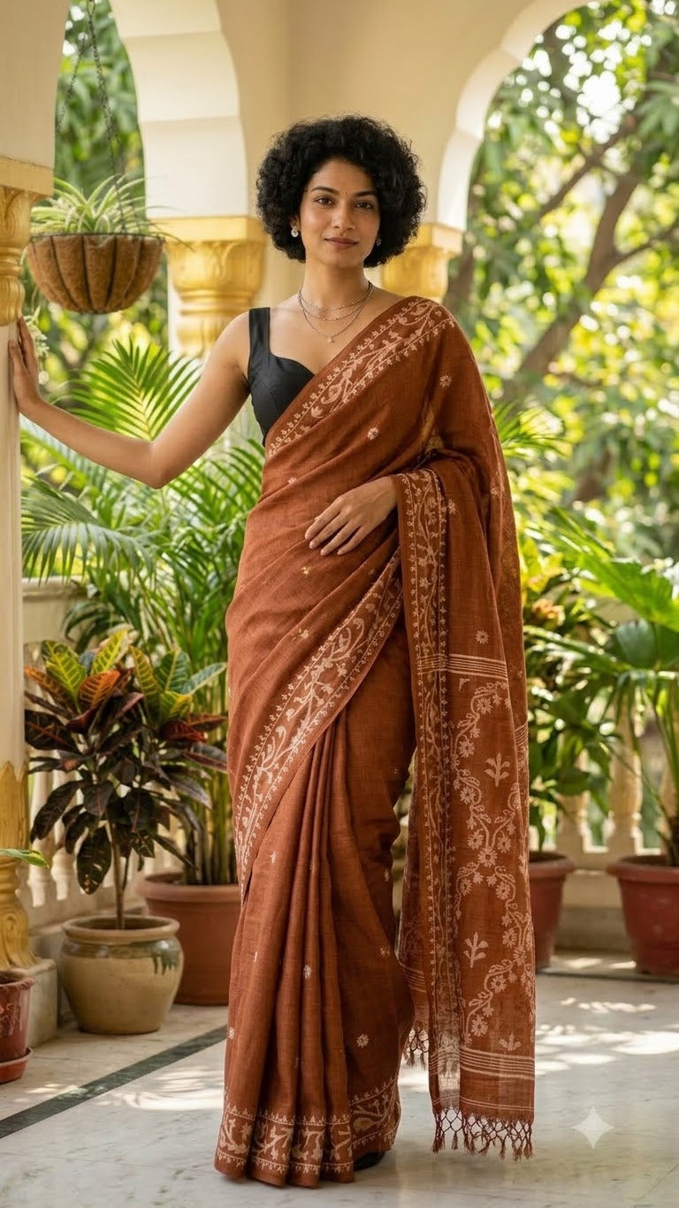 Handwoven Tussar Jamdani (Copper)