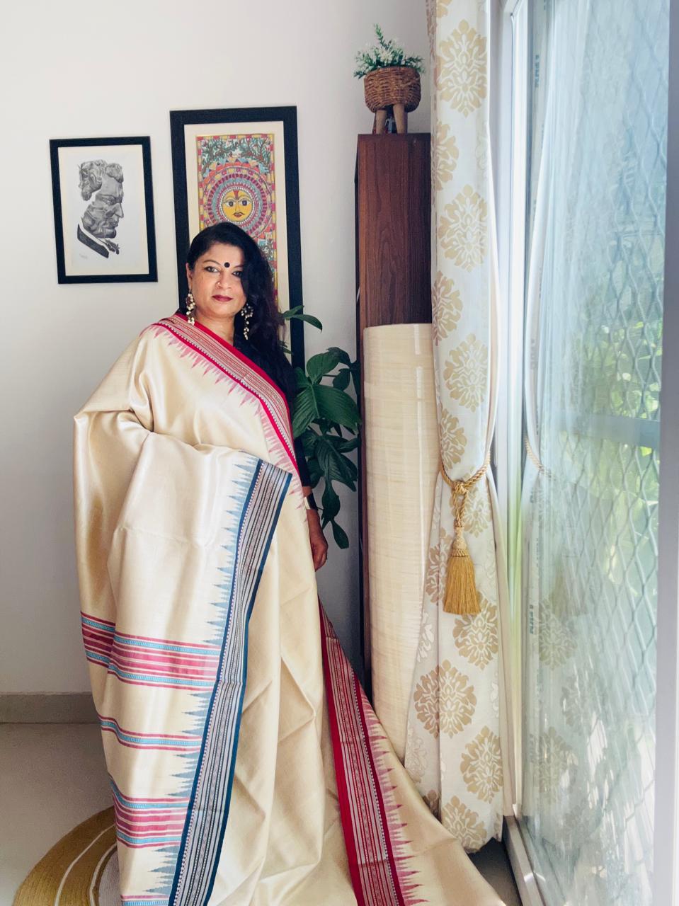 Handcrafted Cream Vidarbha Tussar Saree with Magenta & Blue Karvati Border