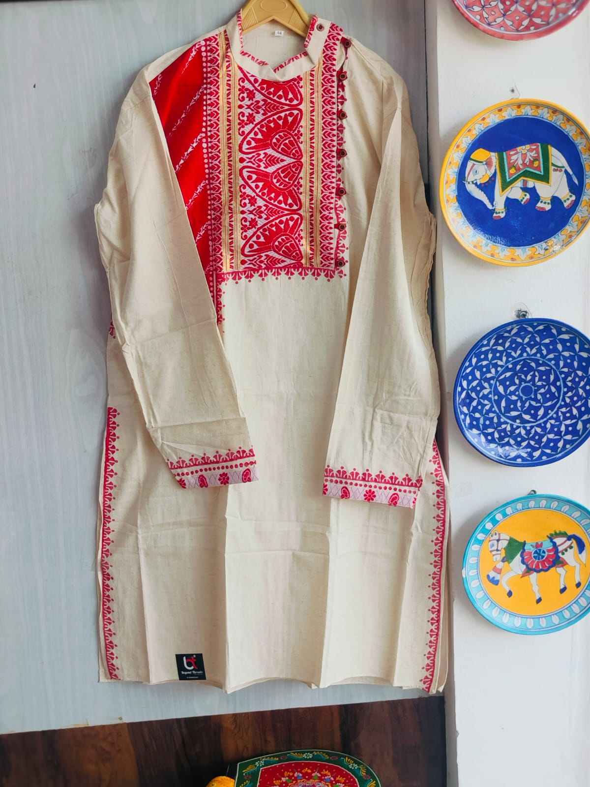 Handcrafted Off-White & Red Cotton Men's Kurta with Festive Yoke