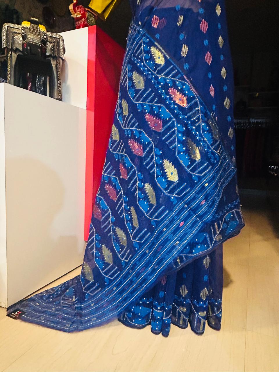Handcrafted Royal Blue Jamdani Saree with Cutdana Work