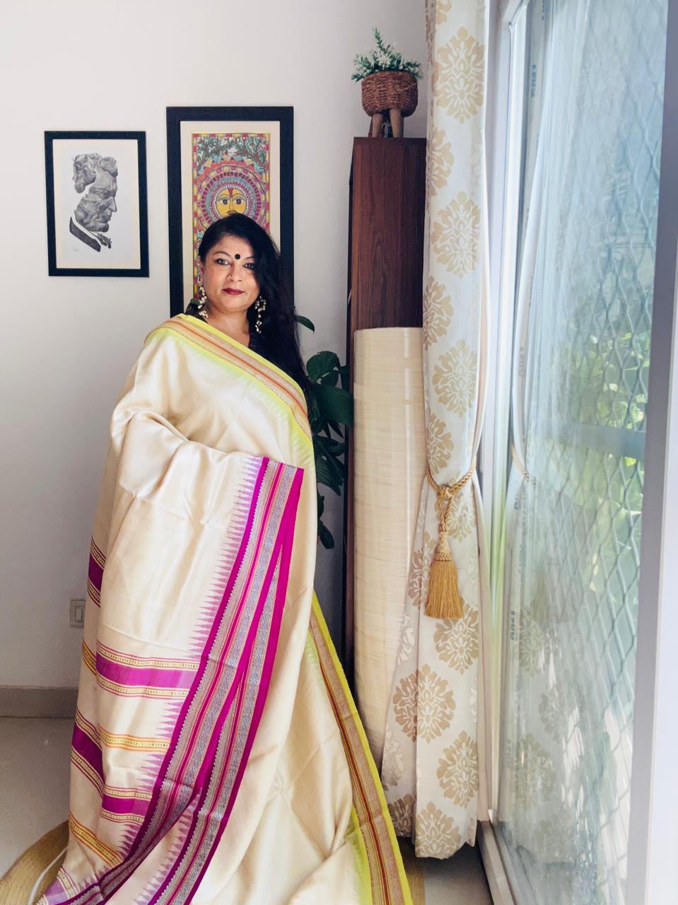 Handcrafted Vidarbha Tussar Saree with Magenta & Yellow-Green Karvati Border