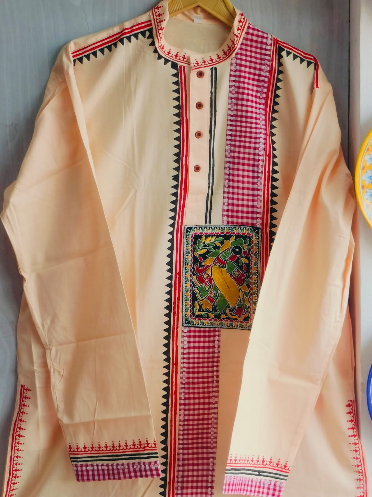 Handcrafted Light Apricot Cotton Men's Kurta with Madhubani Peacock Yoke