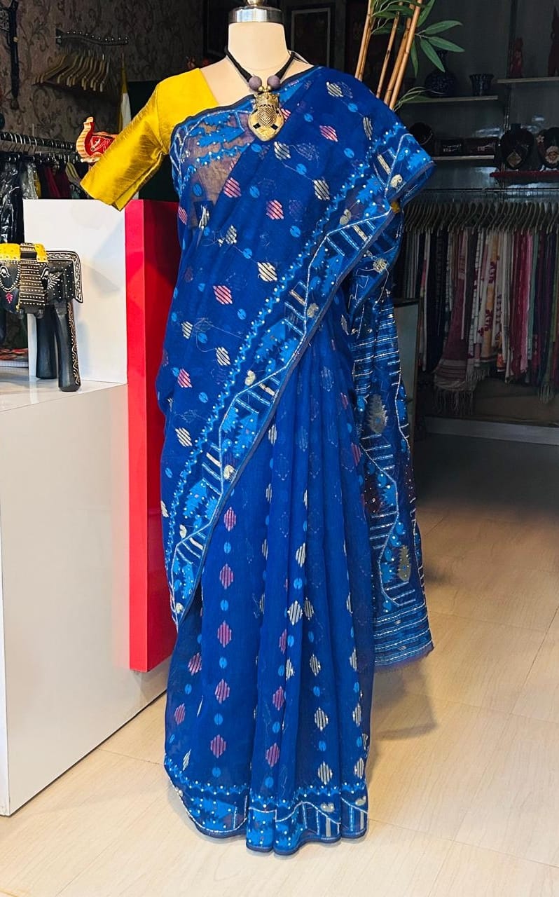Handcrafted Royal Blue Jamdani Saree with Cutdana Work