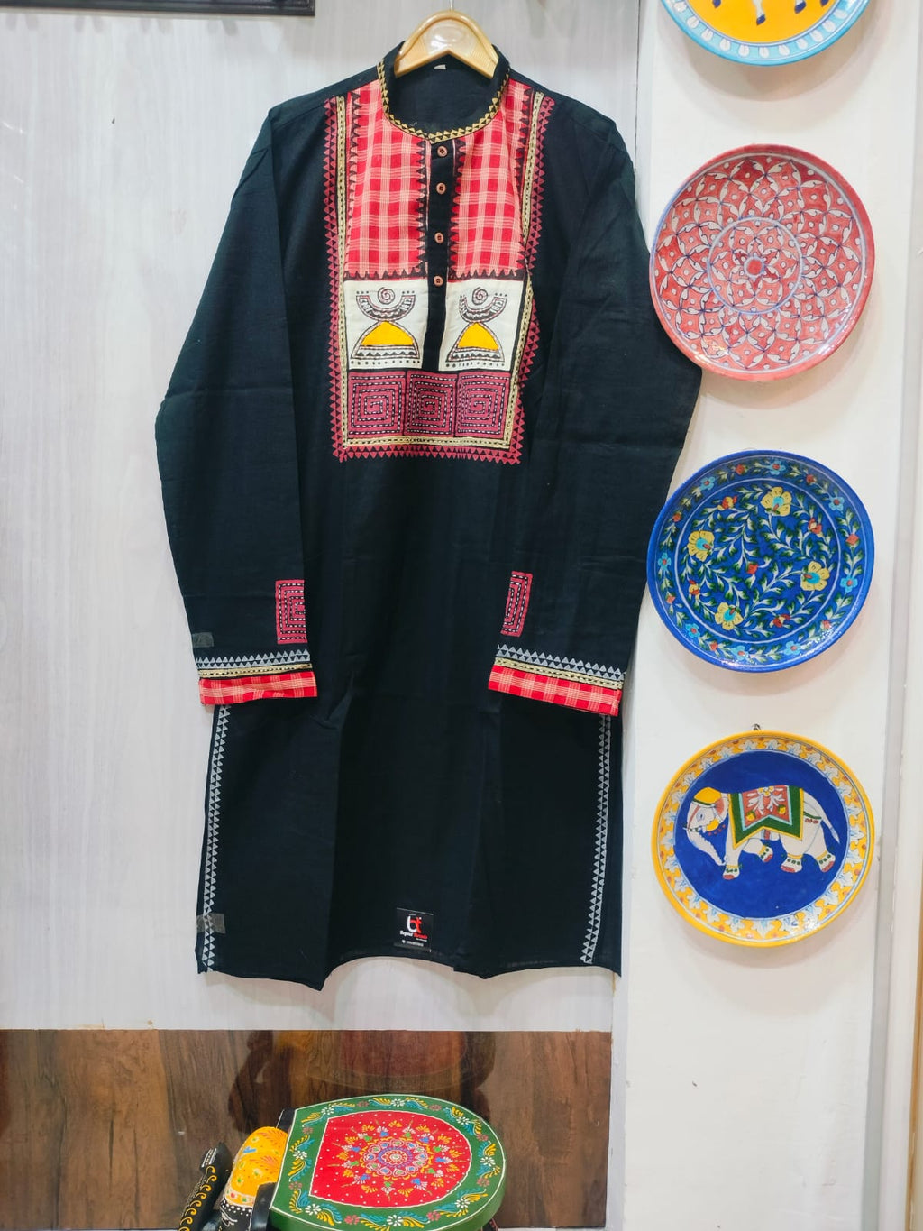 Handcrafted Jet Black Cotton Men's Kurta with Gamcha Patchwork Yoke