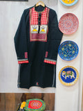 Handcrafted Jet Black Cotton Men's Kurta with Gamcha Patchwork Yoke