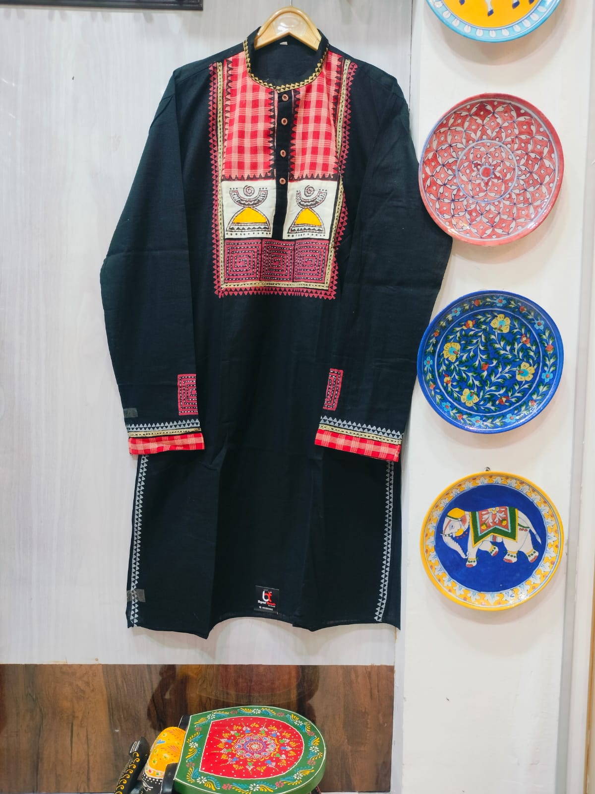 Handcrafted Jet Black Cotton Men's Kurta with Gamcha Patchwork Yoke