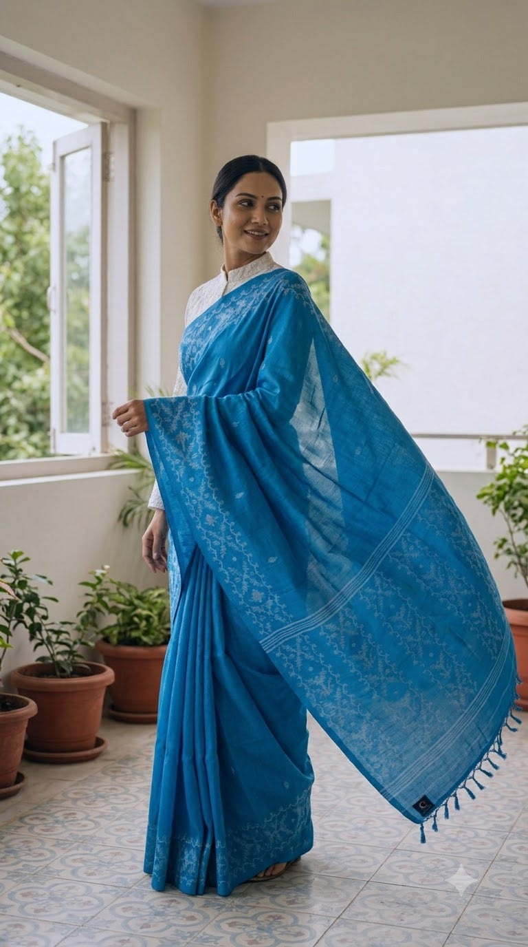 Handwoven Tussar Jamdani (Blue)