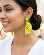 Handmade Lemon Slice Beaded Statement Drop Earrings (Yellow & Green)