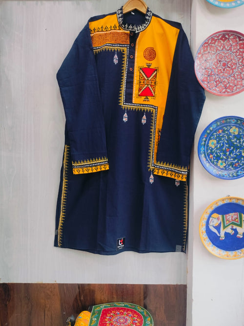 Gents Handcrafted Navy Cotton Kurta with Asymmetrical Applique Work