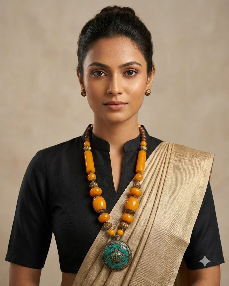 Handcrafted Amber Beaded Necklace with Turquoise Ornate Pendant