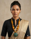 Handcrafted Amber Beaded Necklace with Turquoise Ornate Pendant