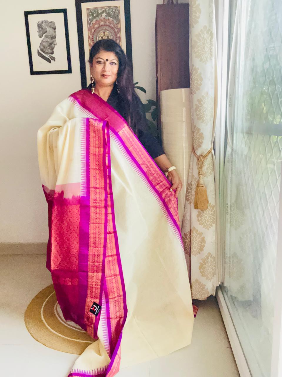 Handcrafted White Gadwal Cotton Saree with Magenta Zari Border