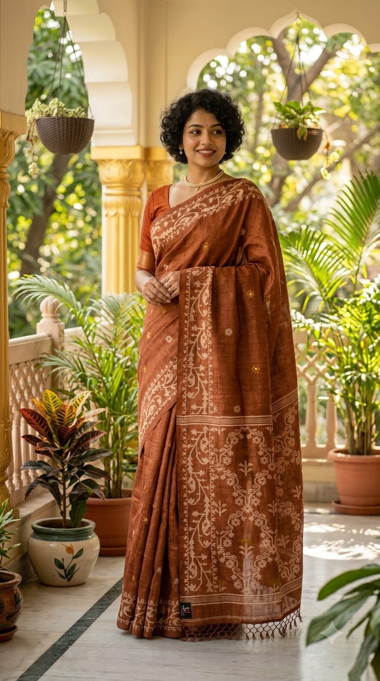 Handwoven Tussar Jamdani (Copper)