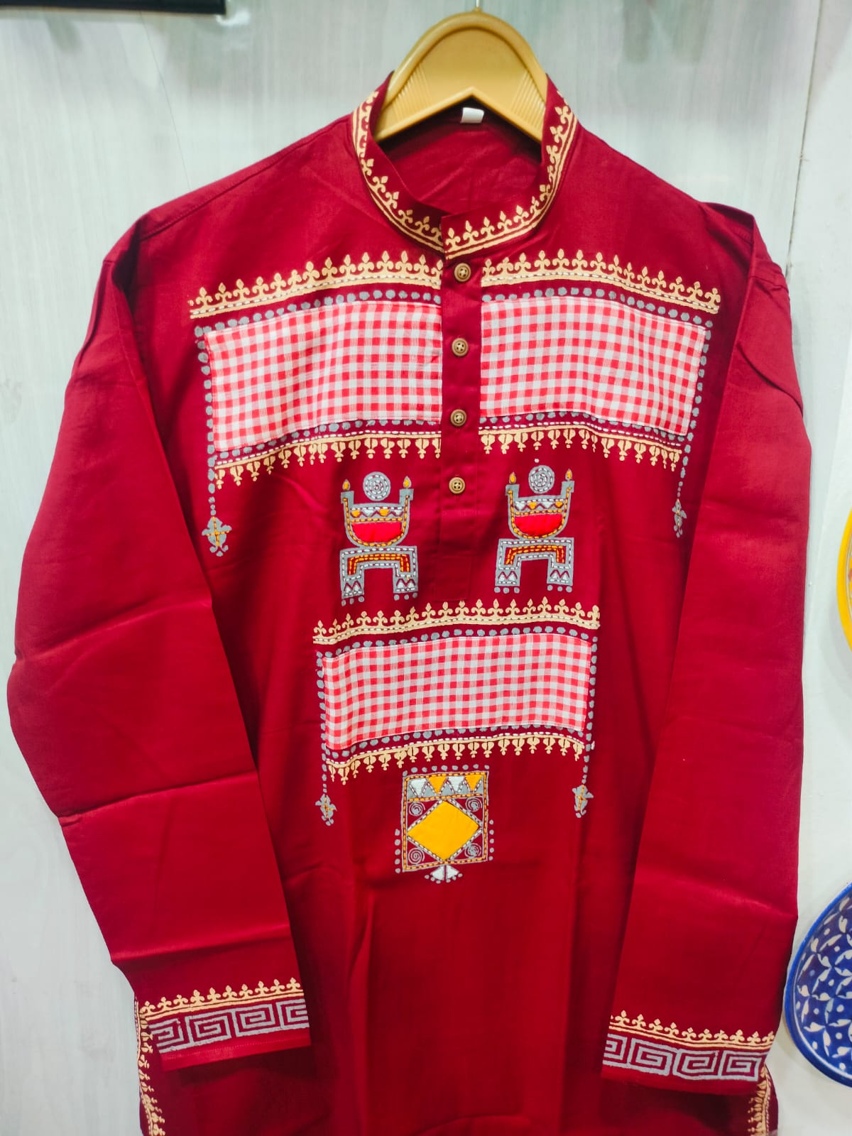 Handcrafted Crimson Red Cotton Men's Kurta with Gamcha Patchwork Yoke