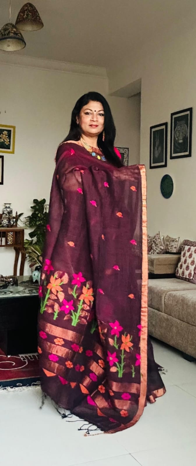 Handwoven Pure Linen Saree (Dark Brown)