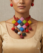 Handcrafted Colorful Fabric Patchwork Geometric Statement Necklace Set