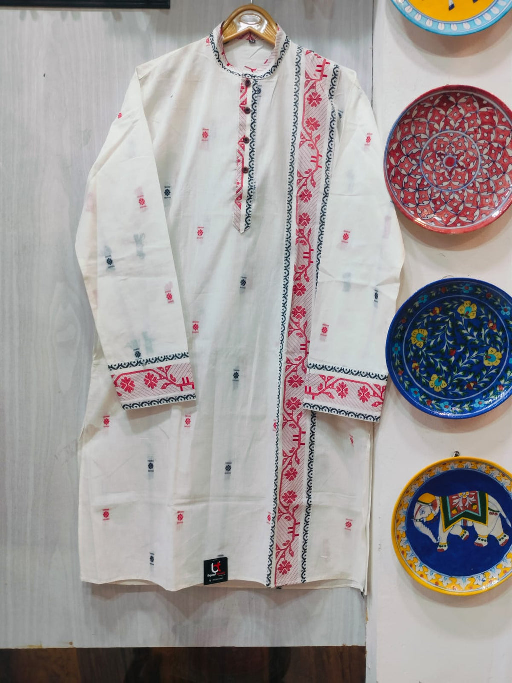 Handcrafted Off-White Men's Cotton Kurta with Handwoven Red & Black Butas