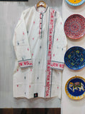 Handcrafted Off-White Men's Cotton Kurta with Handwoven Red & Black Butas