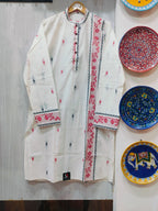 Handcrafted Off-White Men's Cotton Kurta with Handwoven Red & Black Butas