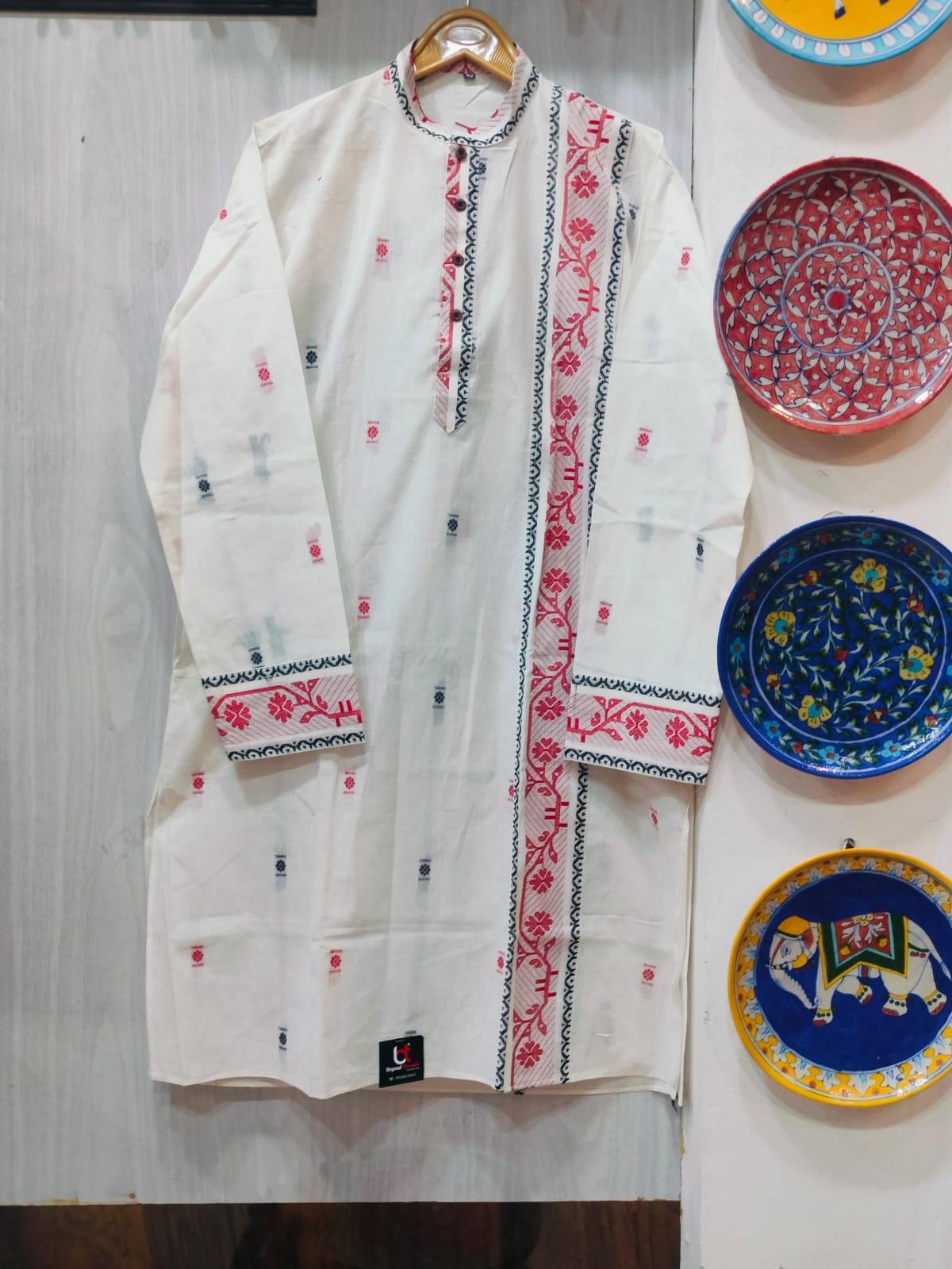 Handcrafted Off-White Men's Cotton Kurta with Handwoven Red & Black Butas