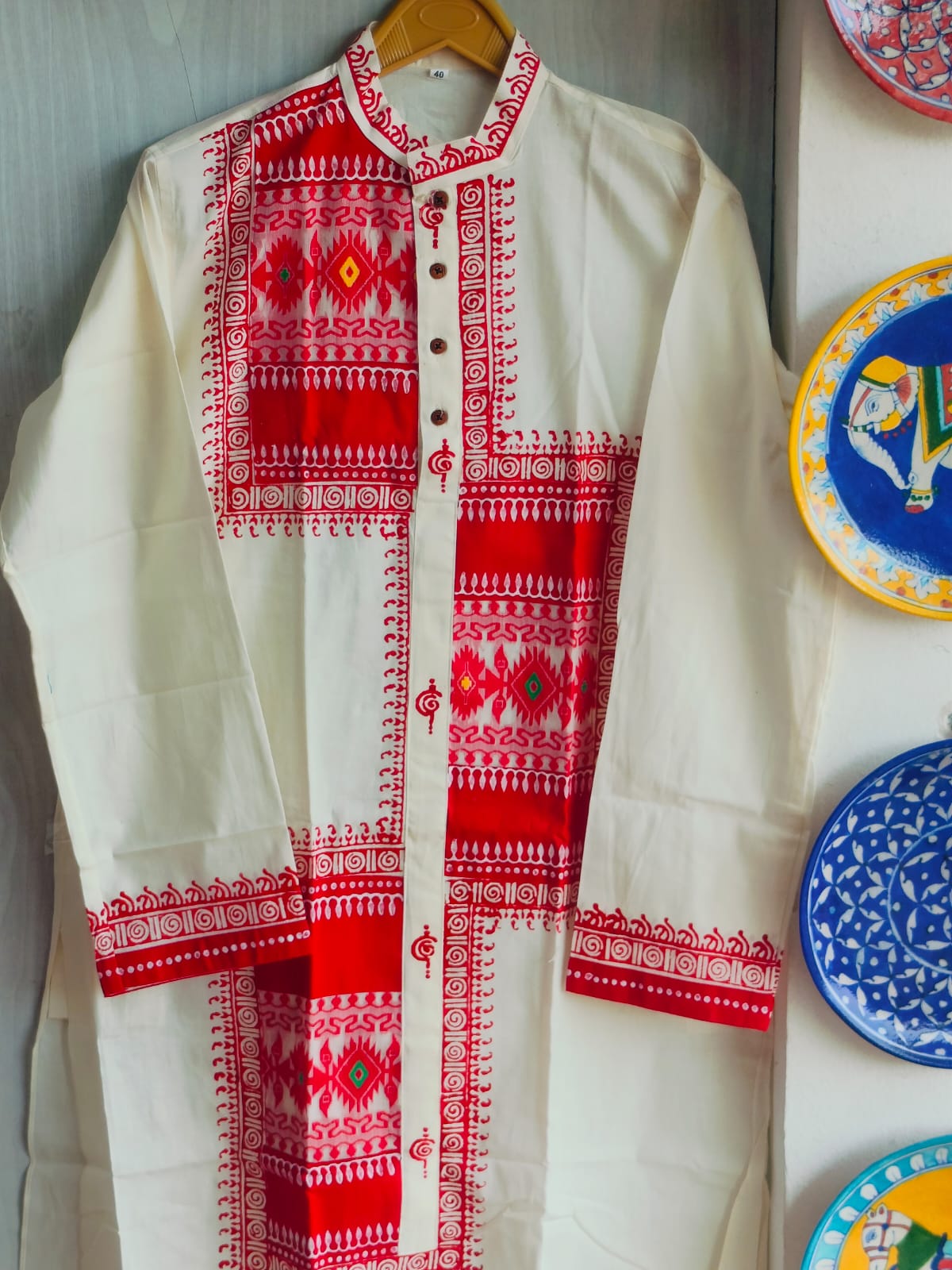 Handcrafted Off-White Cotton Men's Kurta with Sambalpuri Ikat Patchwork