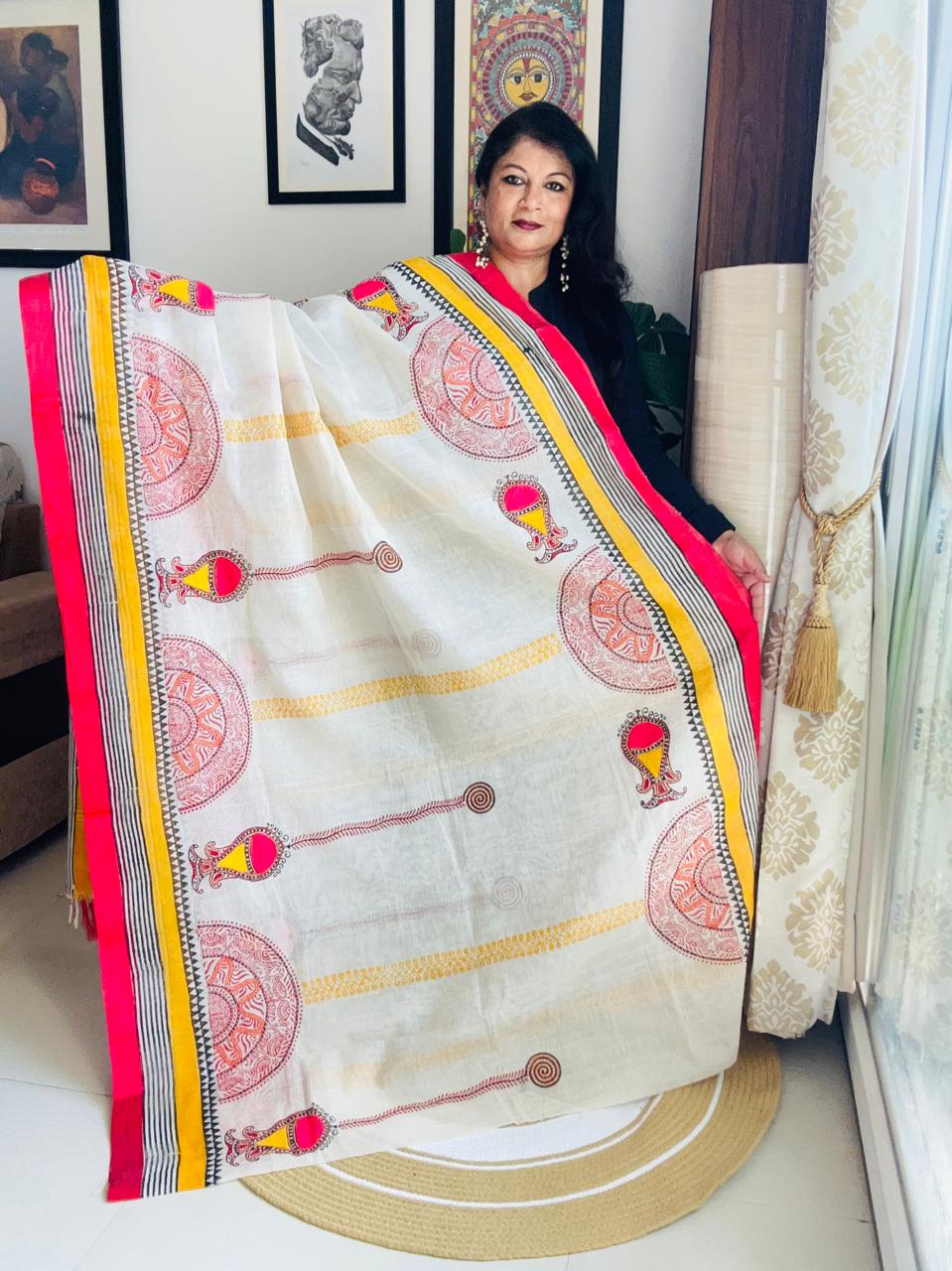 Handcrafted Off-White Cotton Fusion Saree – Sun & Kalash Edition