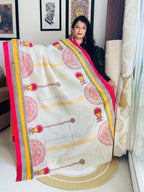 Handcrafted Off-White Cotton Fusion Saree – Sun & Kalash Edition