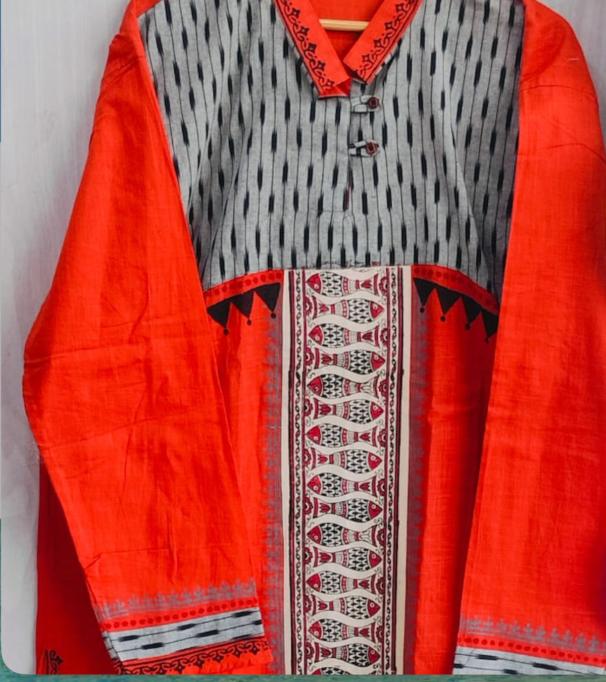 Handcrafted Rust Red Cotton Men's Kurta with Ikat & Fish Print Yoke