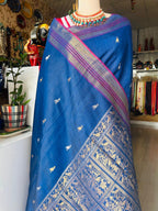 Handcrafted Ink Blue Silk Saree with Tribal Weave Pallu