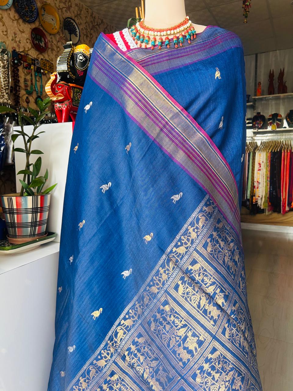 Handcrafted Ink Blue Silk Saree with Tribal Weave Pallu