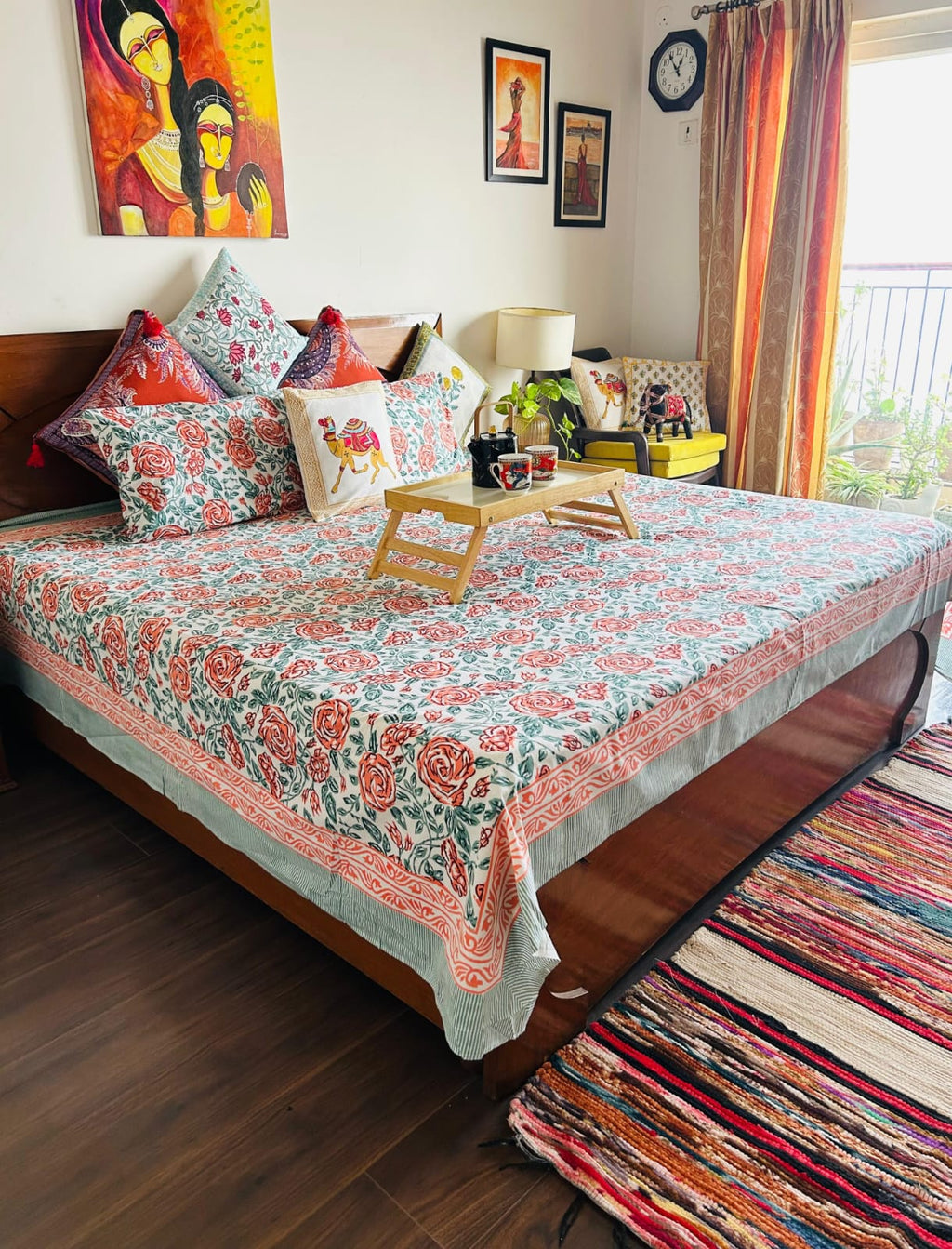 Handcrafted Vintage Rose Hand-Block Printed Cotton Bedsheet Set