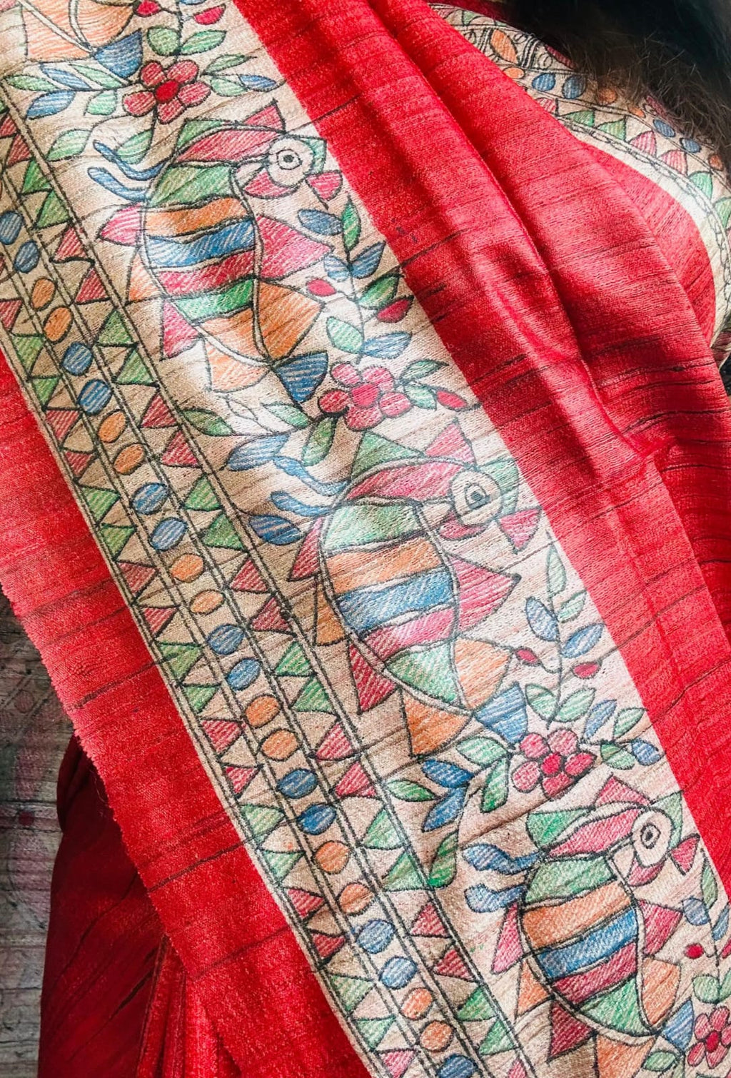 Handpainted Madhubani Tussar Gicha(Red)