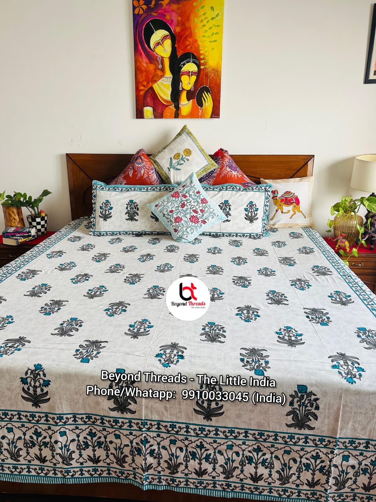 Handcrafted Mughal Floral Boota Turquoise Hand-Block printed Cotton Bedsheet Set