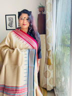 Handcrafted Cream Vidarbha Tussar Saree with Magenta & Blue Karvati Border